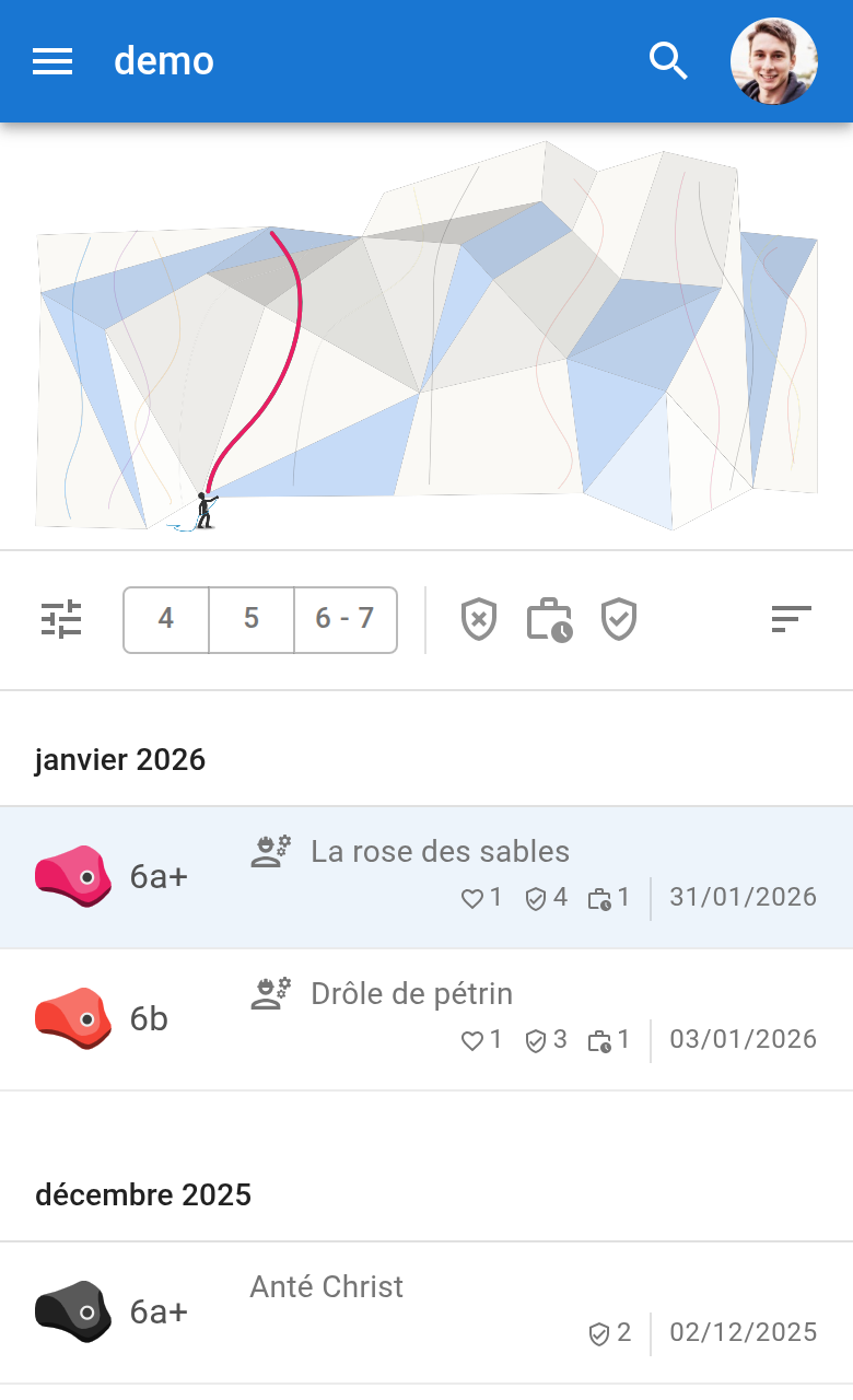 Liste des voies avec plan de la salle